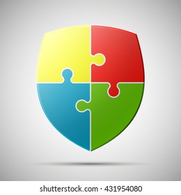 shield Four piece flat puzzle round infographic presentation. 4 step circle business diagram. Four section compare service banner. Vector illustration template shape . 3d Abstract Background
