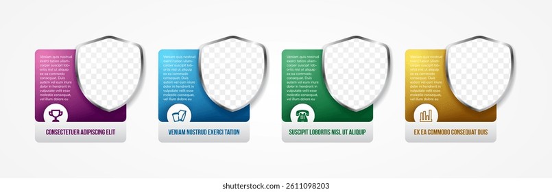 Shield frame for photo space on infographics element design template with business icons 4 options. combined with rectangle background for title and editable text.