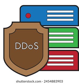 A shield in front of server protecting Distributed Denial of Service Attack - technological illustration - SOC2 vector , icon 