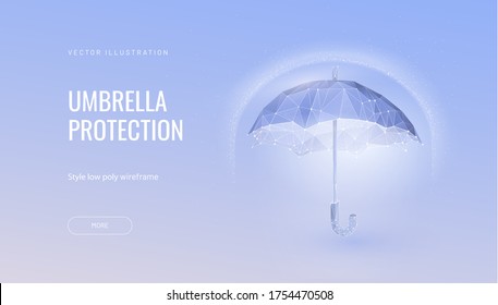 Shield futuristic vector illustration concept of protection and isolation from external risk factors. Polygonal glowing umbrella abtract isolated on blue background. 