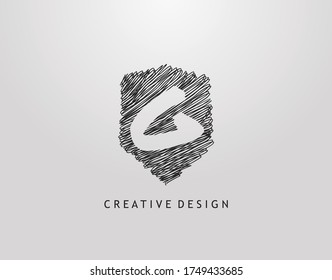 Shield G Letter Logo. Abstract hand drawn shield stroke line shape with negative space of letter G. Modern, minimalist and retro concept design. 