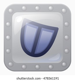 Shield game icon in metal frame. Vector design in cartoon style for app user interface.