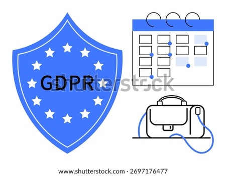 Shield with GDPR text, calendar with events, and business briefcase. Ideal for compliance, data protection, privacy policy, business planning, schedule management, corporate responsibility