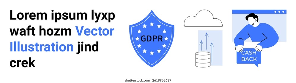 Shield with GDPR text, cloud computing data storage, person holding cashback sign. Ideal for cybersecurity, data privacy, cloud services, financial refunds, user protection, web security, technology