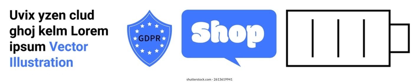 Shield with GDPR text, a conversation bubble with Shop text, and a battery icon. Ideal for data protection, online shopping, mobile apps, energy management, and technology. Banner for landing page