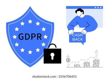 Shield with GDPR text, locked padlock, person holding cash back sign, growing coins. Ideal for data security, financial rewards, compliance, online transactions, digital finance. Clean, modern vector