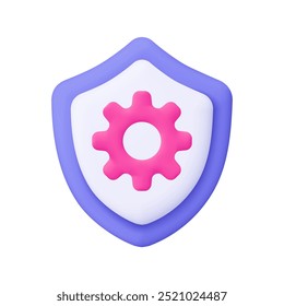 Shield with gear, cogwheel inside. Security, protection, setting, maintenance, repair and fixing concept. 3d vector icon. Cartoon minimal style.