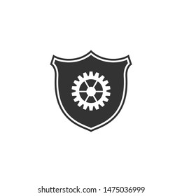Shield with gear icon isolated. Flat design. Vector Illustration