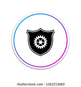 Shield with gear icon isolated on white background. Circle white button. Vector Illustration
