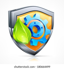 Shield with gear and leaf isolated on white, mechanical vector illustration