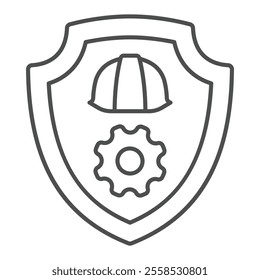 Shield with gear medal thin line icon, protection safety at work concept. Vector graphics. Helmet cogwheel emblem sign on white background, outline style icon for mobile or web design