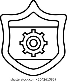 A shield with a gear on it. The shield is black and white. The gear is round and has many teeth