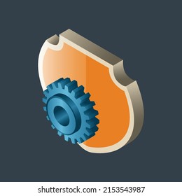 Shield and gear vector icon, isometric shield and gear design, system protection, suitable used for protection, business, computer, website, and etc