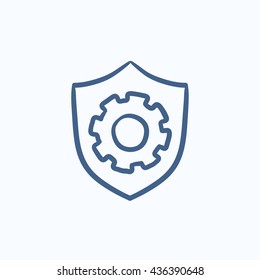 Shield with gear vector sketch icon isolated on background. Hand drawn Shield with gear icon. Shield with gear sketch icon for infographic, website or app.