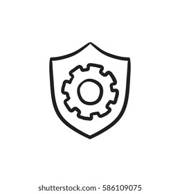 Shield with gear vector sketch icon isolated on background. Hand drawn Shield with gear icon. Shield with gear sketch icon for infographic, website or app.
