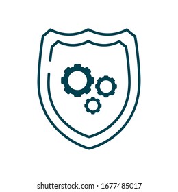 escudo con icono de las ruedas de engranajes sobre fondo blanco, estilo de línea, ilustración vectorial
