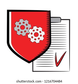 Shield with Gears and Blank with Tick. Icon. Sketch. Symbol. Sign. Stock Vector Illustration. Transparent. White Isolated.