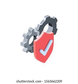 Shield gears. Vector 3d isometric, color web icon, new flat style. Creative illustration design, idea for infographics.