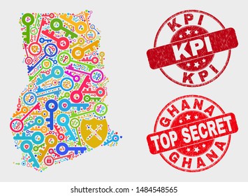 Shield Ghana map and seal stamps. Red rounded Top Secret and Kpi textured seal stamps. Colored Ghana map mosaic of different security symbols. Vector collage for security purposes.