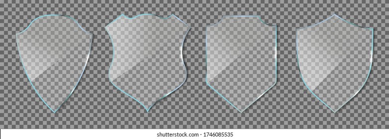 Shield glass. Glass icon of guard isolated on transparent background. Defense symbols. Badge award for protection and safety. 3d frame with shine glossy. Clean plexiglass and acrylic emblem. Vector.