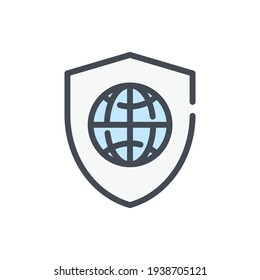Shield with globe color line icon. International insurance and World protection vector outline colorful sign.