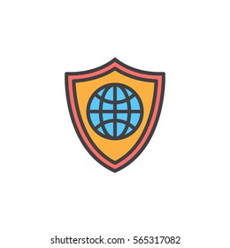 Shield with globe line icon, filled outline vector sign, linear colorful pictogram isolated on white. Web protection symbol, logo illustration