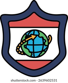 A shield with a globe on it. The globe is blue and green. The shield is red and white