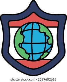A shield with a globe on it. The globe is blue and green. The shield is red and white