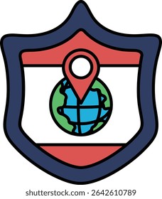 A shield with a globe and a red and blue arrow pointing to the globe. The shield is blue and red, and it has a map of the world on it. The globe is surrounded by a circle
