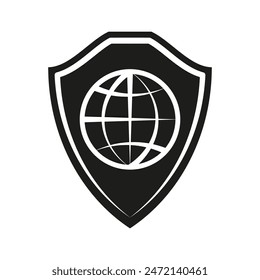 Shield with globe. Security symbol vector. Black and white icon. Global protection emblem.