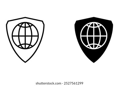 Escudo com globo. Vetor do símbolo de segurança. Ícone em preto e branco. Emblema de proteção global.