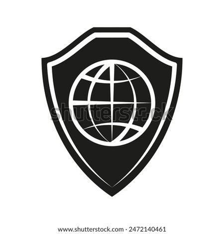 Shield with globe. Security symbol vector. Black and white icon. Global protection emblem.