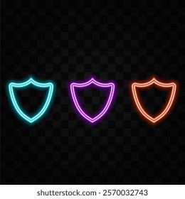 Shield. Glowing neon icon on brick wall background.