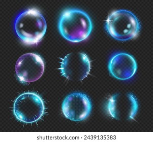 Shield glowing sphere, protection and defense concept. Vector isolated bubbles with illumination, cybersecurity and UVA, medicine and cosmetics effects and helping properties, glass globe