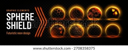Shield gold with 3d dome protect and glass. Logo golden icon with globe and shield. Gold 3d sphere bell crown geodesic oval honeycomb badge round background black light line abstract ai circle glow.