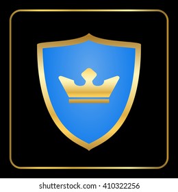 Shield gold icon with crown. Emblem princess, queen. Luxury king design. Symbol winner, heraldic label. Golden and blue graphic element, isolated on black background. Premium sign. Vector illustration
