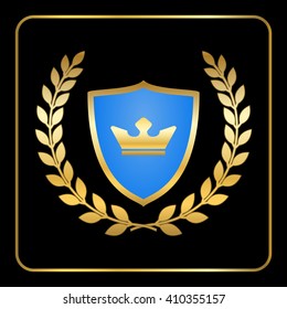 Shield gold laurel wreath icon with crown. Heraldic emblem. Decoration sign design. Insignia for banner. Symbol of award. Graphic element isolated on black background. Premium sign Vector illustration