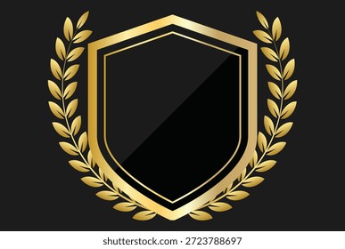 Escudo con laureles dorados. Símbolos de seguridad y protección. Diseño gráfico de emblema de corona de oro. Iconos de marca de patrimonio y seguridad
