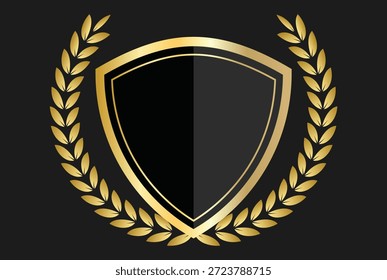 shield with gold laurels. Security and protection symbols. Golden wreath emblem graphic design. Heritage and security branding icons

