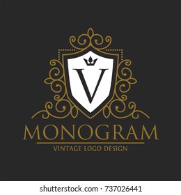 Shield Gold Monogram Logo template for Restaurant, Royalty, Boutique, Cafe, Hotel, Heraldic, Jewelry, Fashion and other