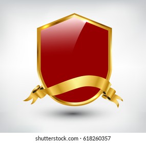 Shield with golden ribbon.Vector vintage label.
