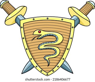 Shield with a golden serpent and two swords. Coat of arms of the fairy kingdom. Protection symbol.	

