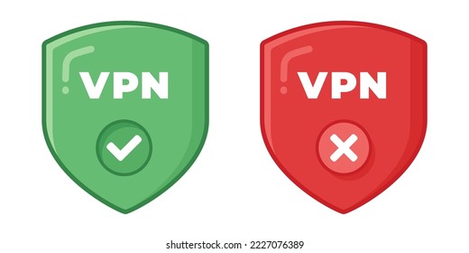 Shield with good and bad VPN connection. VPN icon with check mark button and cross button. Flat vector illustration.