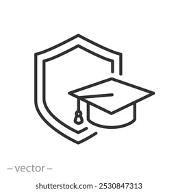 escudo com chapéu de graduação, ícone de seguro de educação, ajuda educação, linha fina ilustração vetor