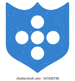 Shield grainy textured icon for overlay watermark stamps. Flat symbol with scratched texture. Dotted vector cobalt ink rubber seal stamp with grunge design on a white background.
