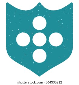 Shield grainy textured icon for overlay watermark stamps. Flat symbol with unclean texture. Dotted vector soft blue ink rubber seal stamp with grunge design on a white background.