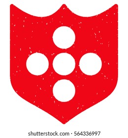 Shield grainy textured icon for overlay watermark stamps. Flat symbol with dust texture. Dotted vector red ink rubber seal stamp with grunge design on a white background.