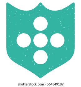 Shield grainy textured icon for overlay watermark stamps. Flat symbol with dust texture. Dotted vector cyan ink rubber seal stamp with grunge design on a white background.