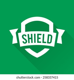 Shield graphic with banner and text logo design