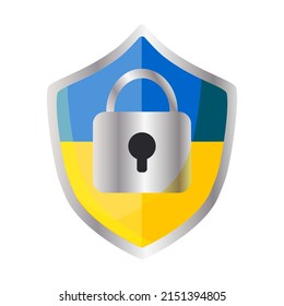 Shield with a gray metal padlock in blue and yellow colors isolated on a white background. Vector.